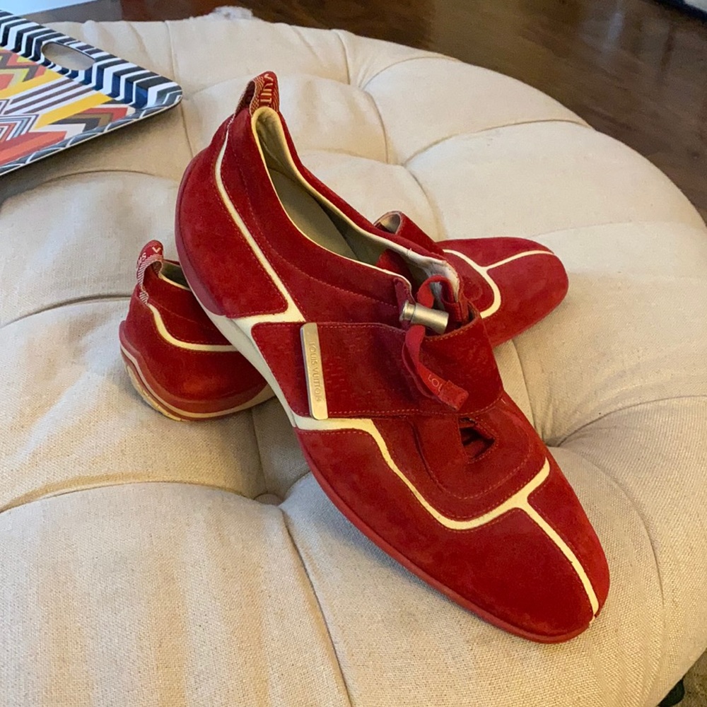 Barely worn red suede Louis Vuitton low trainers